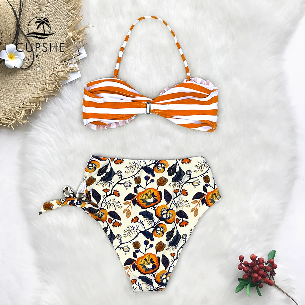 Женский купальник CUPSHE оранжевое бикини в полоску с высокой талией и цветочным