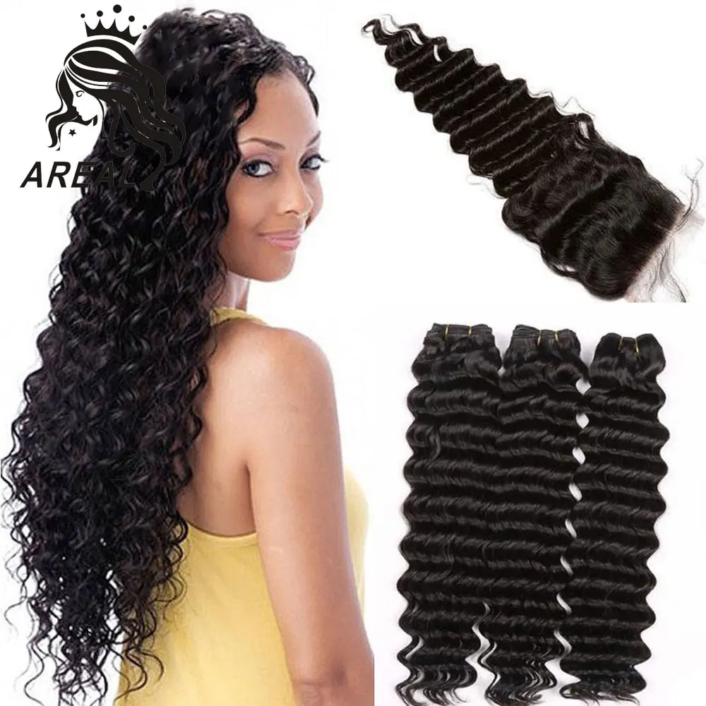 3 Связки Дешевые глубокая волна человеческих волос с закрытием в 4*4 бразильские