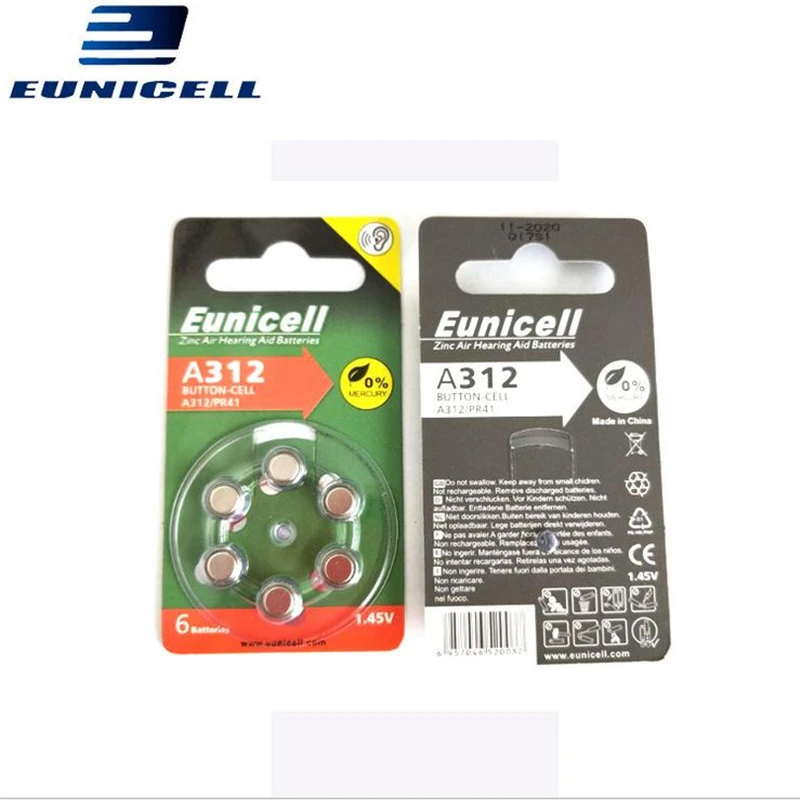 6 шт. EUNICELL цинковый воздушный слуховой аппарат A312 312A ZA312 312 PR41 слуховой аппарат батарея A312 для слухового аппарата, A312 батарея