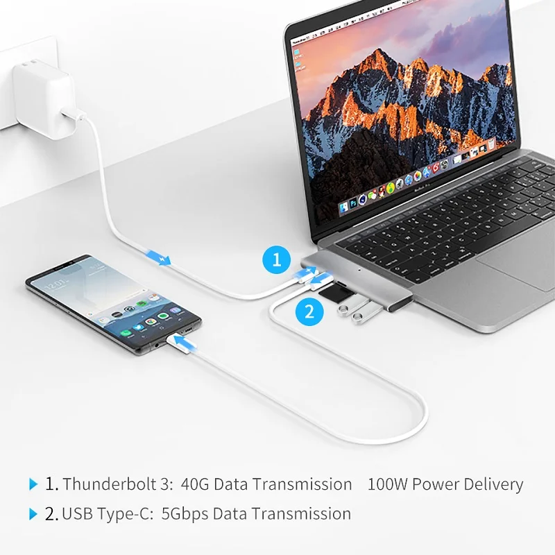 Адаптер концентратор Snowkids Type C на HDMI 4K Thunderbolt 3 USB 0 TF SD PD для MacBook Pro 2019 Air 2020 13 3|USB-хабы|