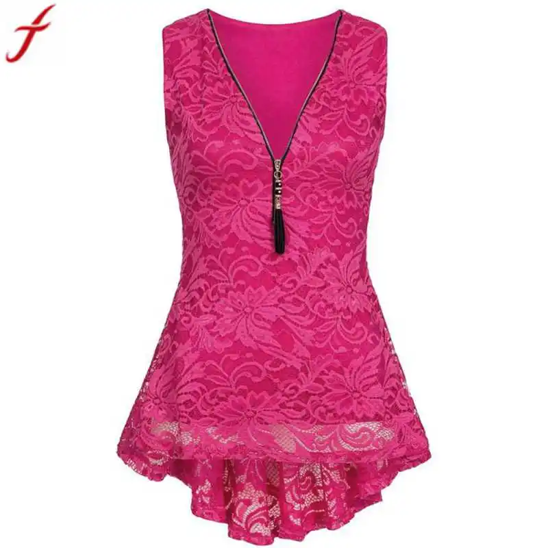 Hot Pink Летняя майка на молнии, Женская туника, рубашка,, Цветочный, кружевной, без рукавов, тонкий жилет для женщин, v-образный вырез, повседневная майка, debardeur femme - Цвет: Hot Pink