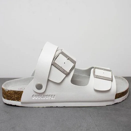 White 2 Buckle Шлепанцы; пробковые мужские сандалии-гладиаторы; кожаные летние Черные Водонепроницаемые японские туфли в римском стиле; большие размеры 45; модные шлепанцы без задника на плоской подошве - Цвет: White 2 Buckle