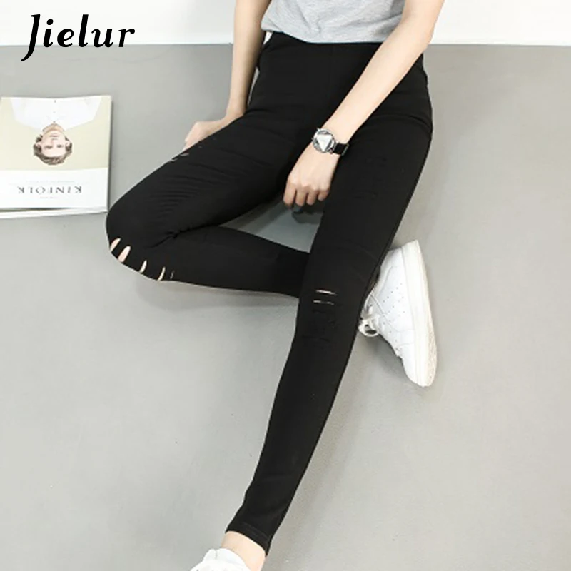 

Jielur 2020 Autumn Spring Holes Fashion Leggings for Women Black Casual Legins Women Korean Skinny Pencil Leggings Fitness M-XXL