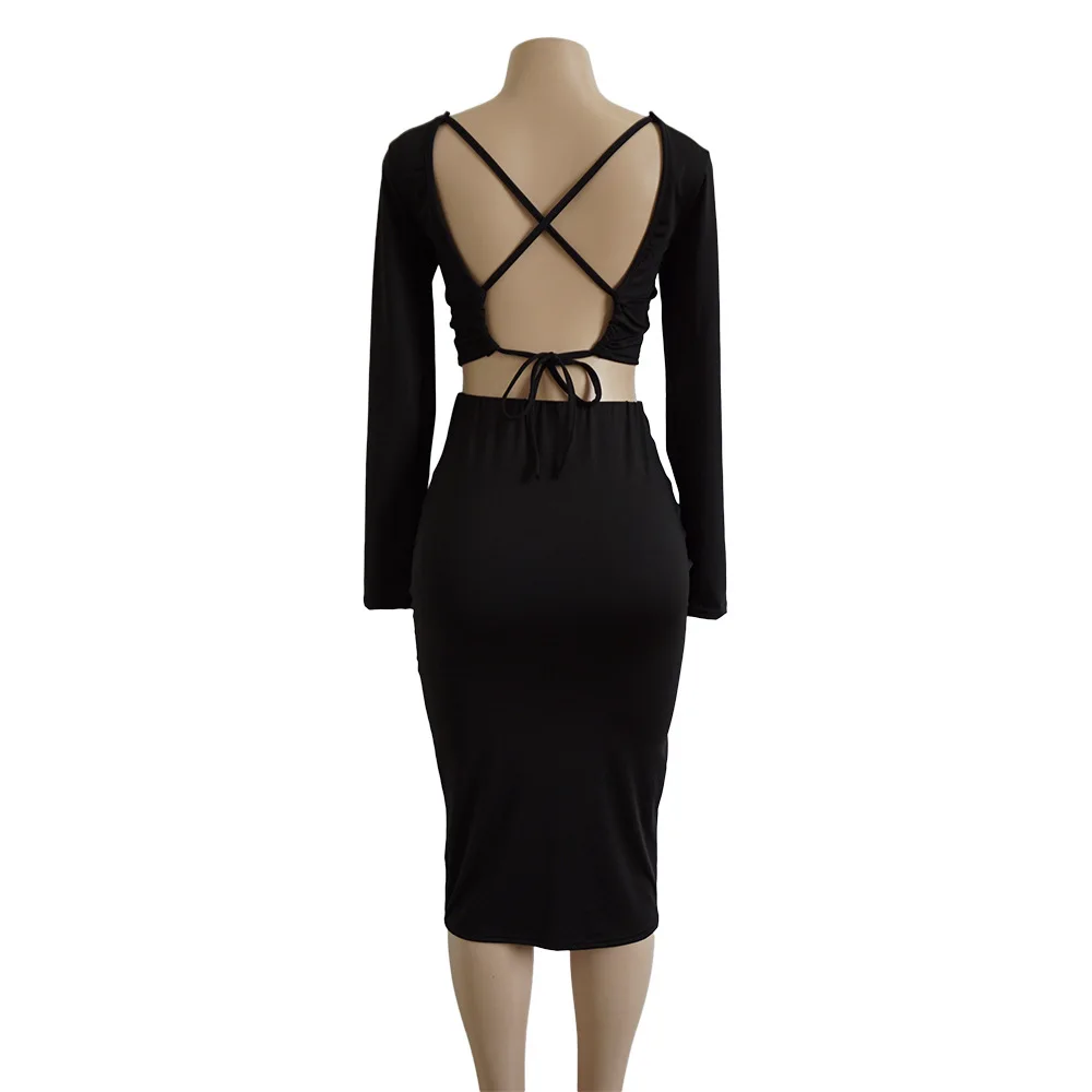 Virgil bear 2017 New Women 2 Pieces Sets Short Tops+Bodysuits Backless Lace Up Sexy Solid Long Sleeve Jumpsuits | Женская одежда