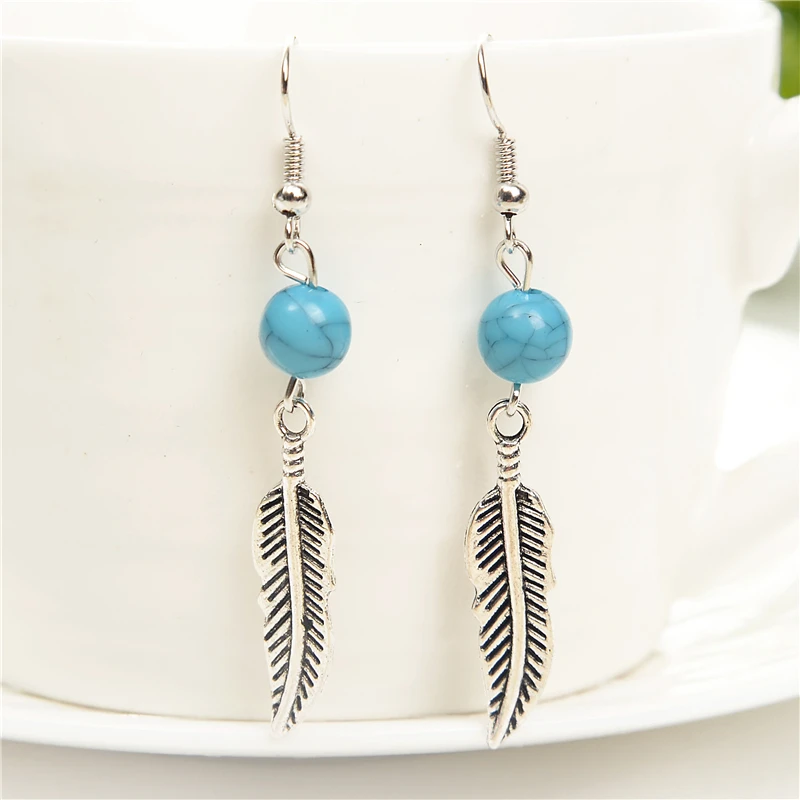 Brand Design Statement Jewelry Vintage Blue Bead Silver Feather Earrings Simple Plated Leaf Dangle For Women | Украшения и