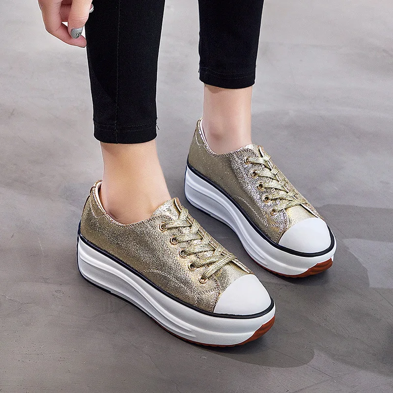 gold sneaker Женская повседневная обувь на среднем каблуке; коллекция года; сезон весна; модная женская обувь; цвет золотой, серебряный; женские кроссовки из натуральной кожи; Осенняя обувь на платформе - Цвет: gold sneaker