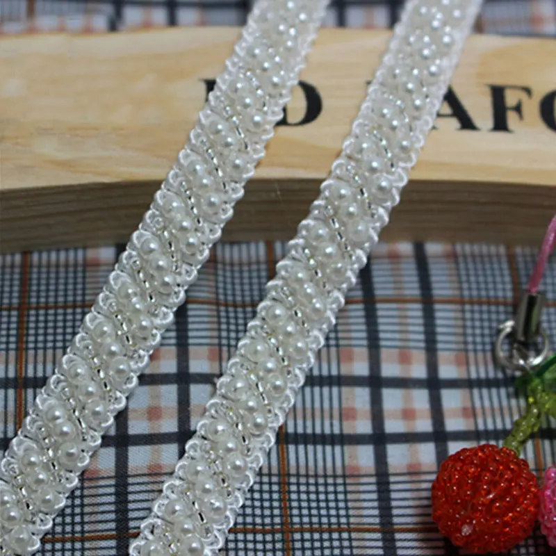 

3Yards/lot White/Black Pearl Beaded Embroidered Rhinestones Applique Braided Lace Ribbon Trim 5-121