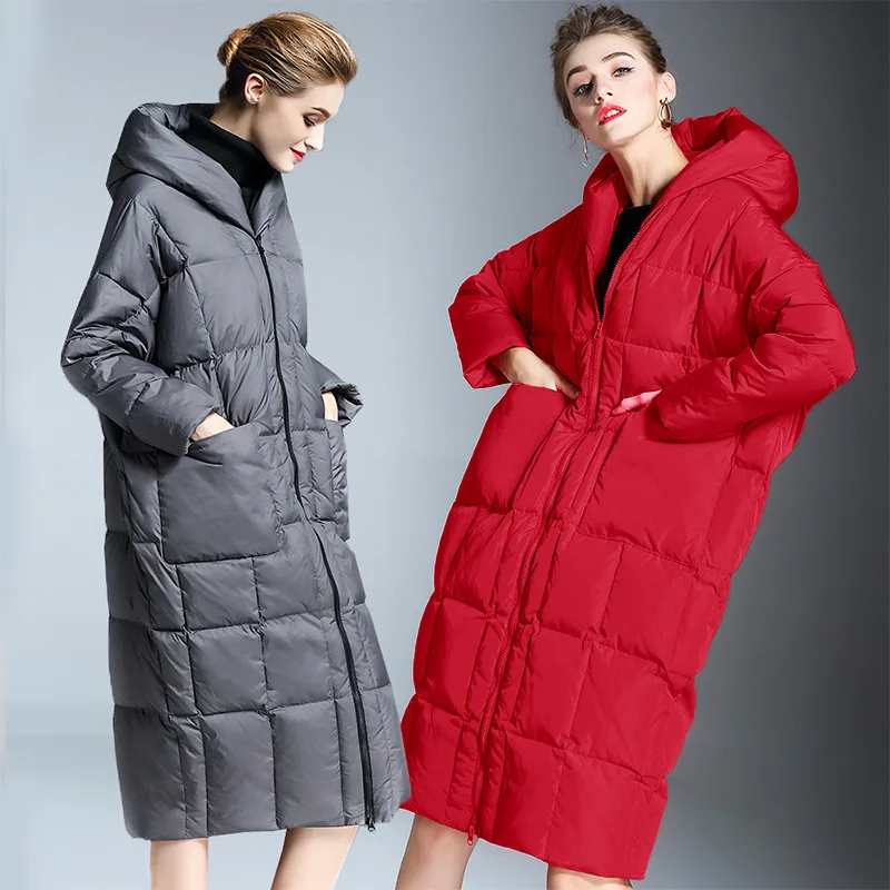 Winter women's fashion down coat hooded 90% white duck light jacket thicken over-knee length woman W78006 | Женская одежда