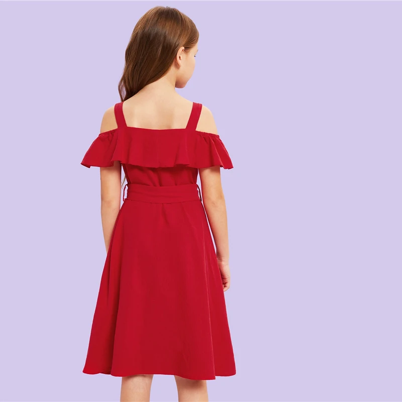 SHEIN/Детское платье-рубашка в стиле бохо с открытыми плечами и рюшами, с поясом г., милое летнее платье до колена на пуговицах спереди, с высокой талией