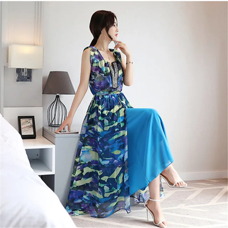 2018 Summer Sexy Women Maxi Boho Dress Floral Print Sleeveless Tank Holiday Long Beach Vestidos Party Dresses | Женская одежда