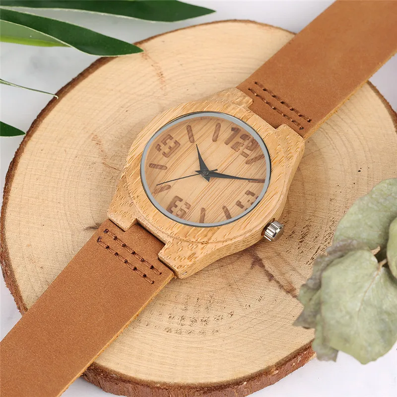 

Bamboo Wooden Quartz Creative Women Watches Genuine Leather Band Ladies Watch Bangle Handmade Nature Wood Clock 2020 New Style