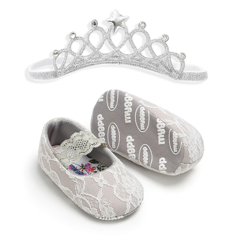 

2020 Fashion Baby Girl Crown Headband Set Shoes Lace Cotton Soft Sole Baby Moccasins Adorable Infant Toddler Girl Prewalker Shoe