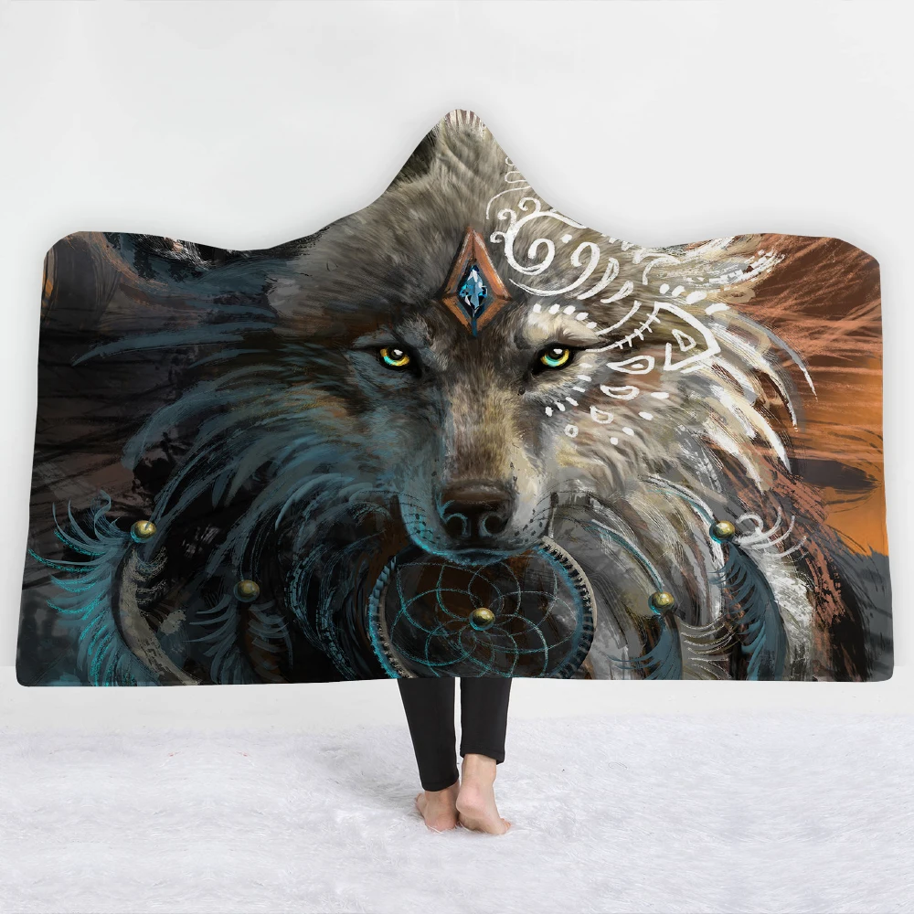 3D принт волка ворс крутое одеяло с капюшоном для взрослых и детей теплые носимые