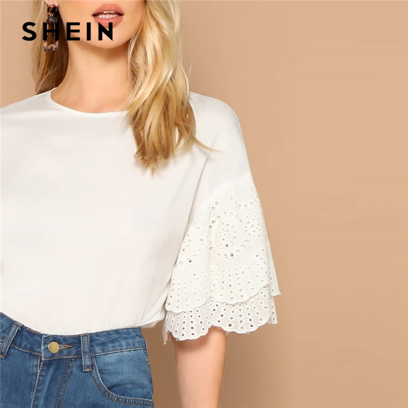 SHEIN Топ С Многослойным Оригинальным Рукавом Женские Летние Белые Элегантные Блузки С Средним Рукавом