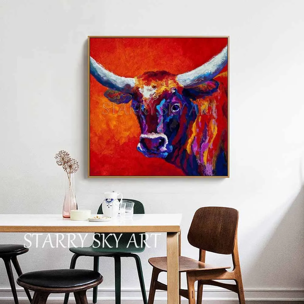 Artist Hand-painted High Quality Modern Abstract Longhorn Bull Oil Painting on Canvas Handmade Animal Acrylic | Дом и сад
