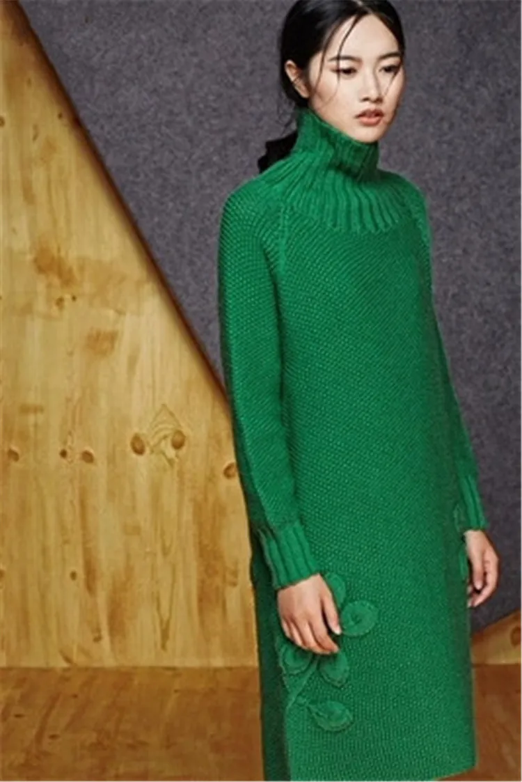 100% hand made pure merino wool thick knit women fashion long sweater dress high neck 7color retail wholesale customized | Женская