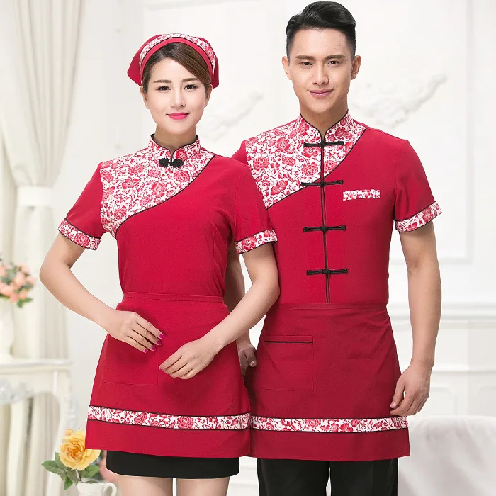 

Men Women Hotel Work Uniform Summer Female Western Restaurant Waiter Uniform Short Sleeve Waitress Uniform Bar Overalls