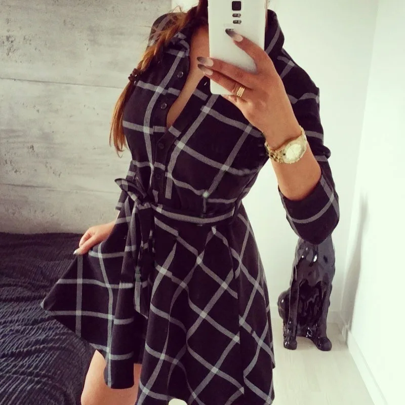 

spring and autumn Black and white connection women wear miniskirts retro plaid Dressand casual shirts mini Dress robes