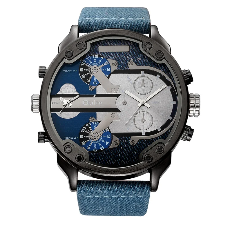 Denim Blue Oulm супер большой Размеры Для мужчин часы два часовых поясов кварцевые часы мужской из искусственной кожи Украшенные маленькими циферблатами Для мужчин роскошные наручные часы - Цвет: Denim Blue