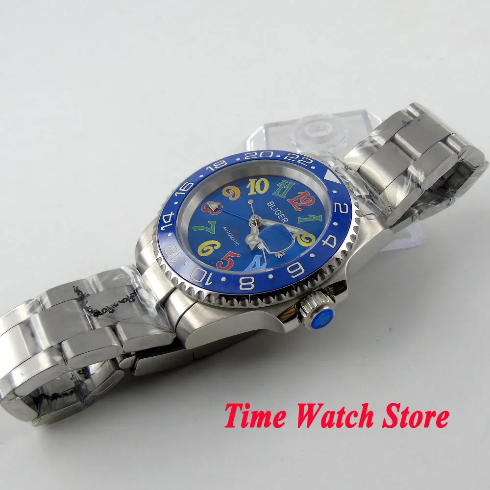 Bliger 40mm blue dial date colorful marks saphire glass Ceramic Bezel GMT Automatic movement Men's watch | Наручные часы