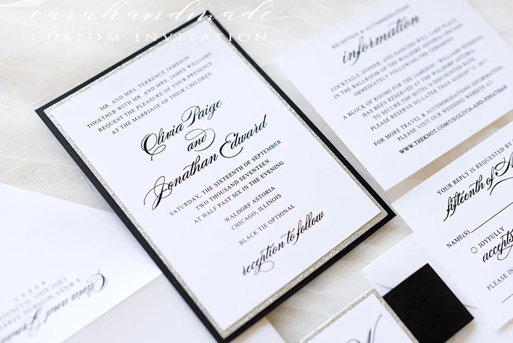 Черный белый серебристый блестящие свадебные приглашения и открытка RSVP