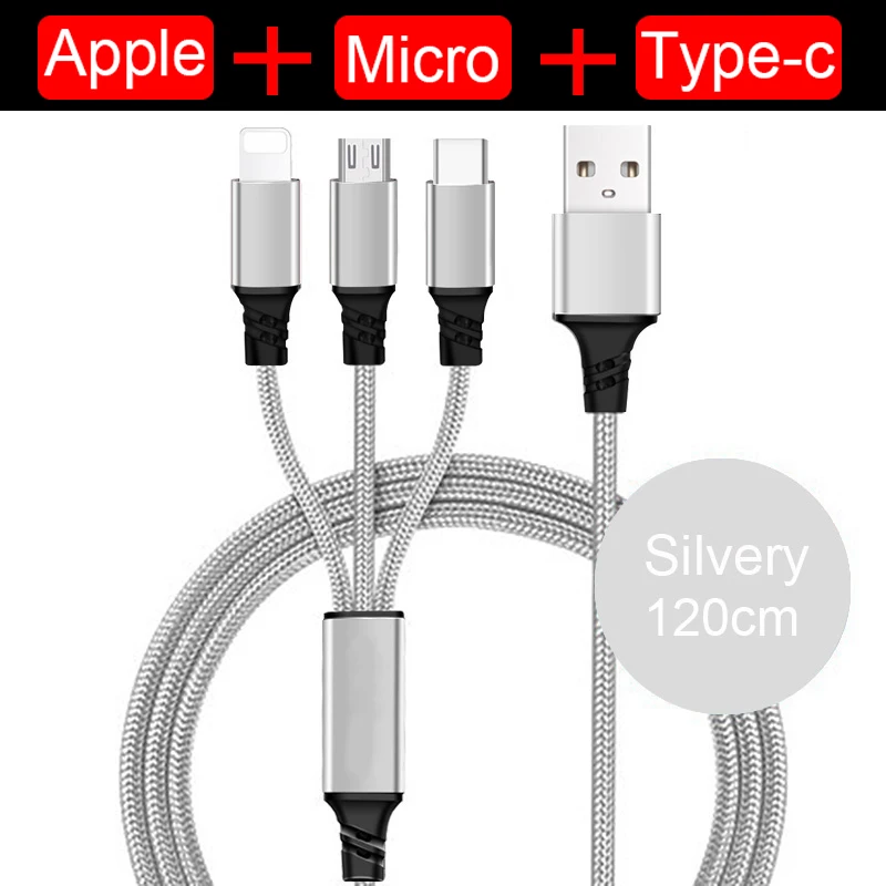 3in1 (1.2m-Silver 3в1 2в1 микро usd/type C зарядное устройство зарядный кабель для iPhone XS max XR X 6 s 6S 7 8 Plus 5 5S SE Android телефон происхождения провода шнур - Цвет: 3in1 (1.2m-Silver