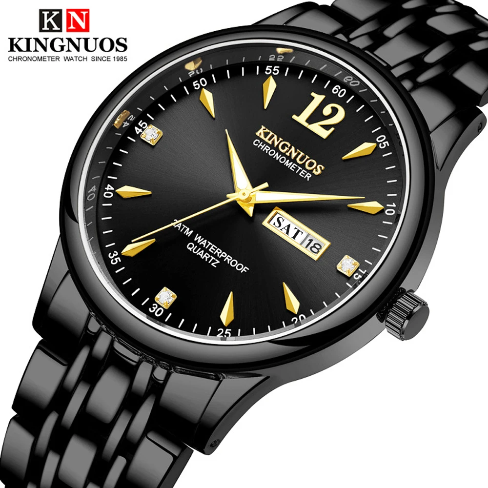 

Kingnuos Quartz Wrist Watch for Men Clock Stainless Steel Waterproof Digital Watches Date Week Erkek Kol Saati Black Men's Watch