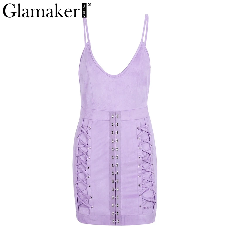 Glamaker, сексуальное, на шнуровке, на бретелях, без рукавов, короткое платье, для женщин, глубокий v-образный вырез, на шнуровке, облегающее, Замшевое платье, для фитнеса, повседневное, вечернее платье