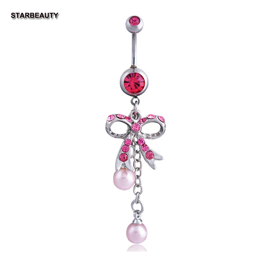 Колечки для пупка с бантом белого и розового цвета милые кристаллами жемчугом