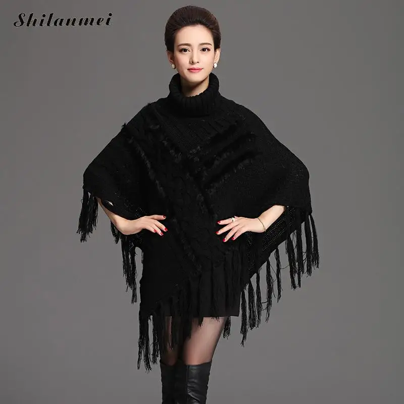 Pullover 2017 Winter Tassel Khaki Sweater For Women Gray Turtleneck Loose Cape Coat Casual Pull Femme Black Knitted Sweaters | Женская