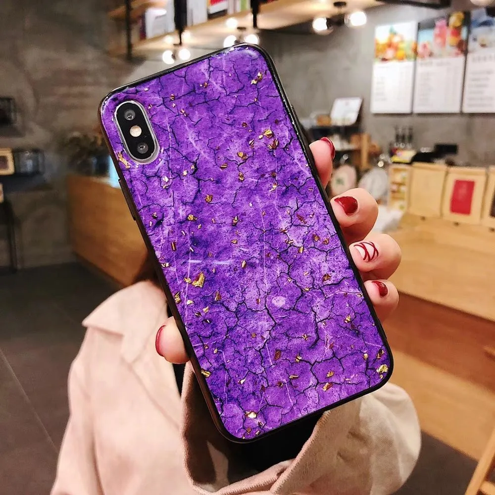 for iphone 6 6s 7 8 plus X Xs max Xr Violet Emerald Color Marble Phone Case Glitter Gold Foil Black Soft Edge Mobile Back Cover |