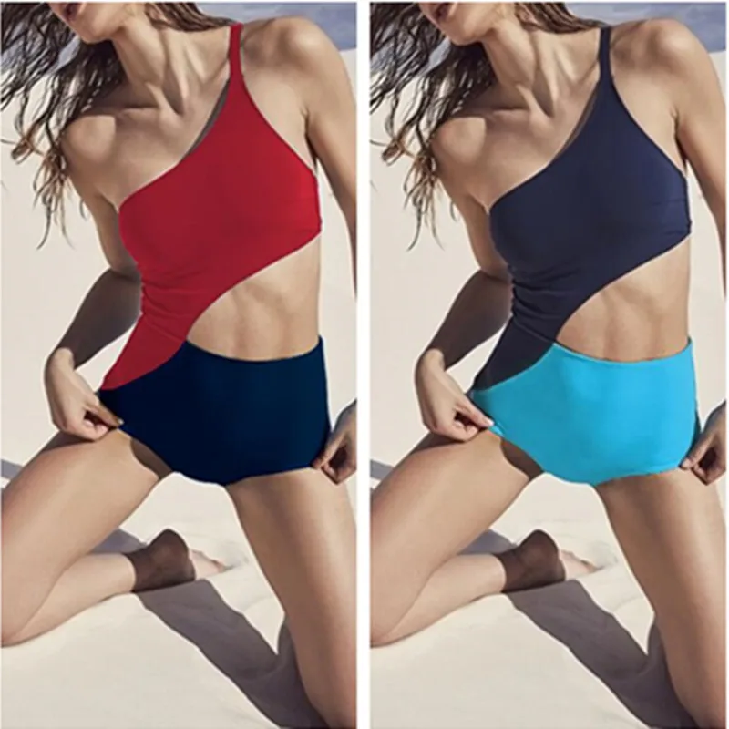 2018 красный темно-синий контрастный цвет цельный купальник женский плюс размер