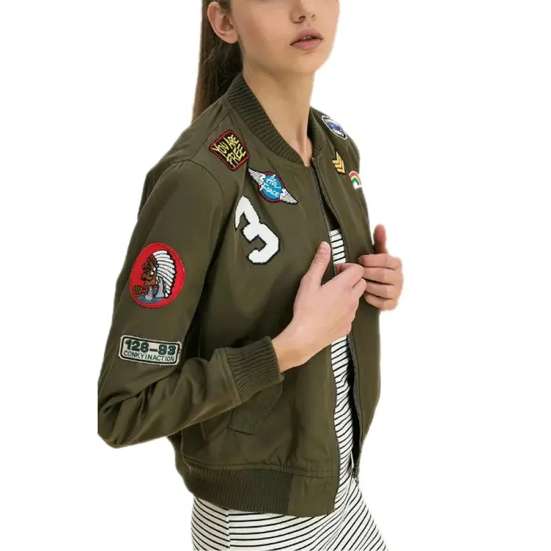 Женское пальто армейское зеленое с нашивками|jacket coat|army green bomber jacketwomen coat |