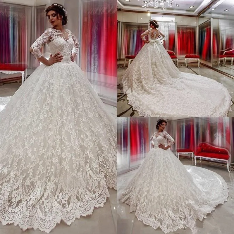 same as picture Новое роскошное свадебное платье с длинным шлейфом, кружевное фатиновое бальное платье для красивых невест, официальные свадебные платья с большим бантом на спине - Цвет: same as picture