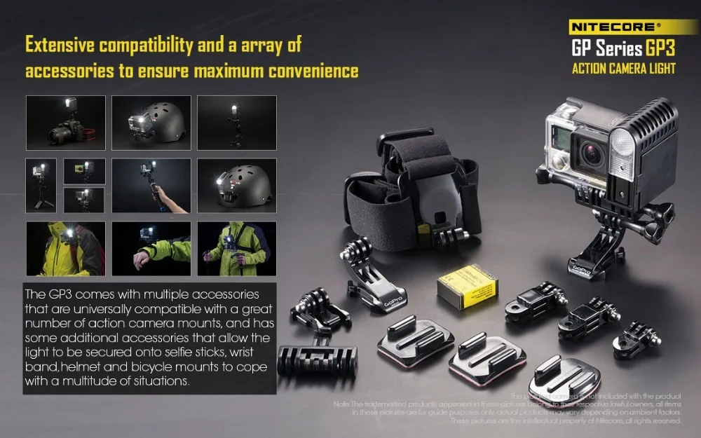 NITECORE GP3 светильник для экшн-камеры 360 люмен 5 режимов USB порт для зарядки подходит для камеры gopro поставляется с аккумулятором 1180 мАч NLGP3