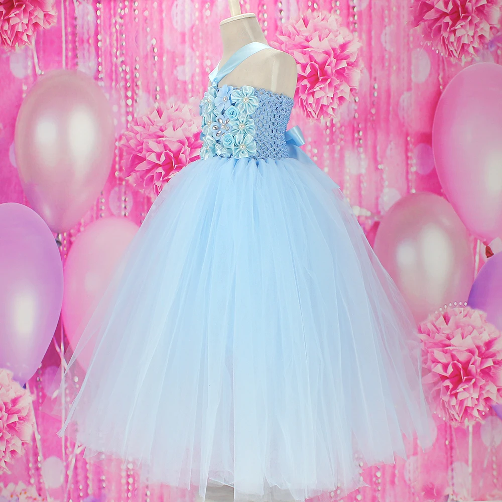 fashion flower girls light blue tutu dress birthday vestido menina for girl photo props baby party | Детская одежда и обувь