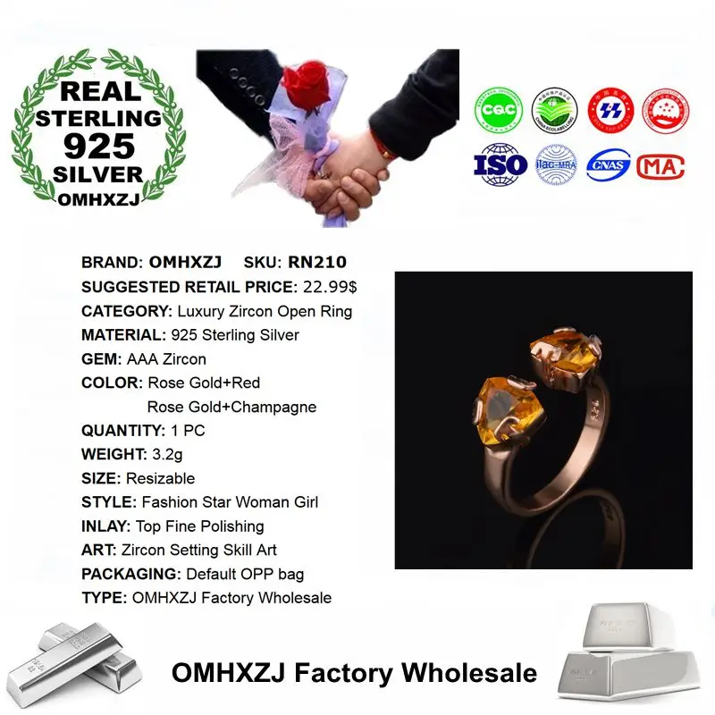 OMHXZJ Wholesale Personality Fashion OL Woman Girl Party Gift Open AAA Zircon 925 Sterling Silver 18KT Rose Gold Ring RN210 | Украшения и