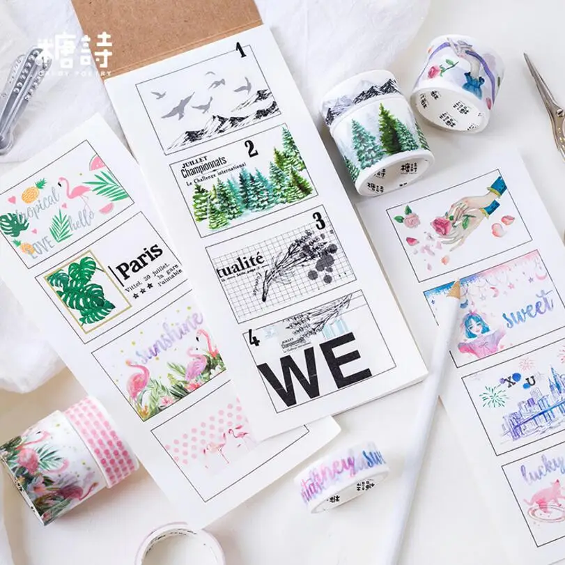 10 Pcs/lot Decorative Paper Plants and Pink Flamingo Washi Tape Set Japanese Stationery Kawaii Scrapbooking Supplies Stickers | Канцтовары