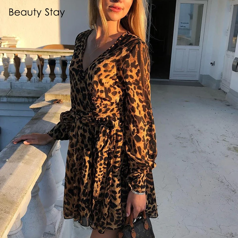 Женское леопардовое Платье Beauty Stay с v образным вырезом длинным рукавом длиной до