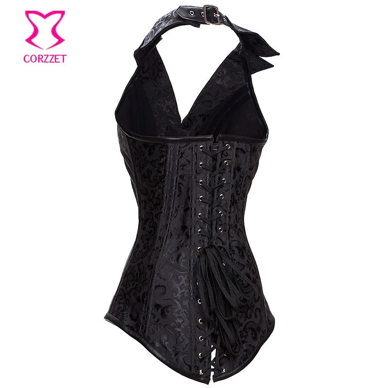 Черная парча корсет с воротником-халтером корсеты и бюстье спиральные стальные