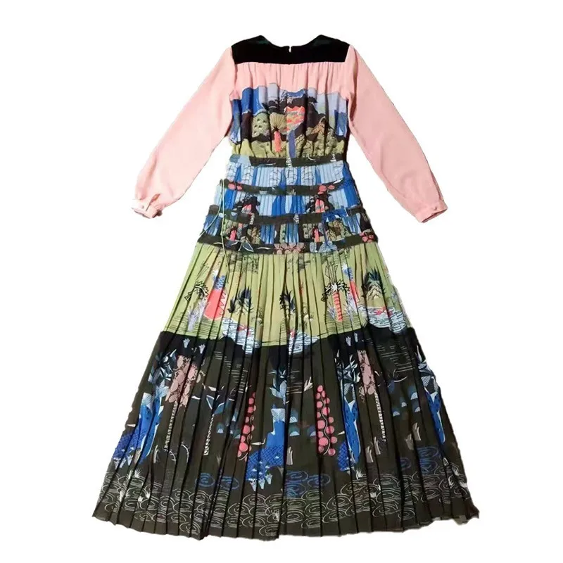 Платье TWOTWINSTYLE с принтом винтажное длинным рукавом и высокой талией до щиколотки