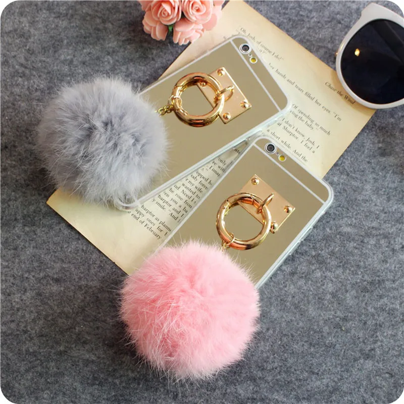 Mirror Case For Huawei P20 P10 P8 Lite P9 P9Plus Soft Plush Real Rabbit fur pompom Fluffy Gold case TPU Nova 3E |