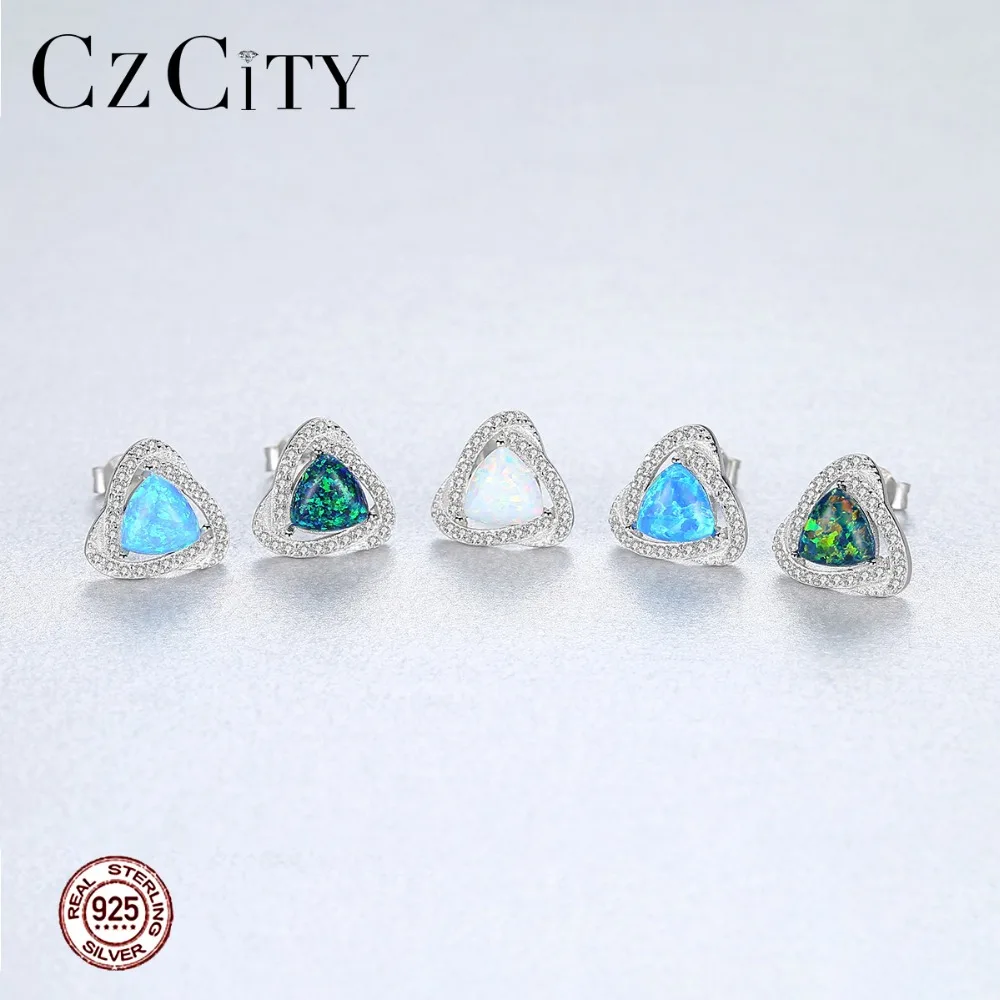 CZCITY 925 Sterling Silver Luxury 6mm Fire Opal Stud Earrings for Women Blue/White/Green Brightly Fine Jewelry Brincos | Украшения и