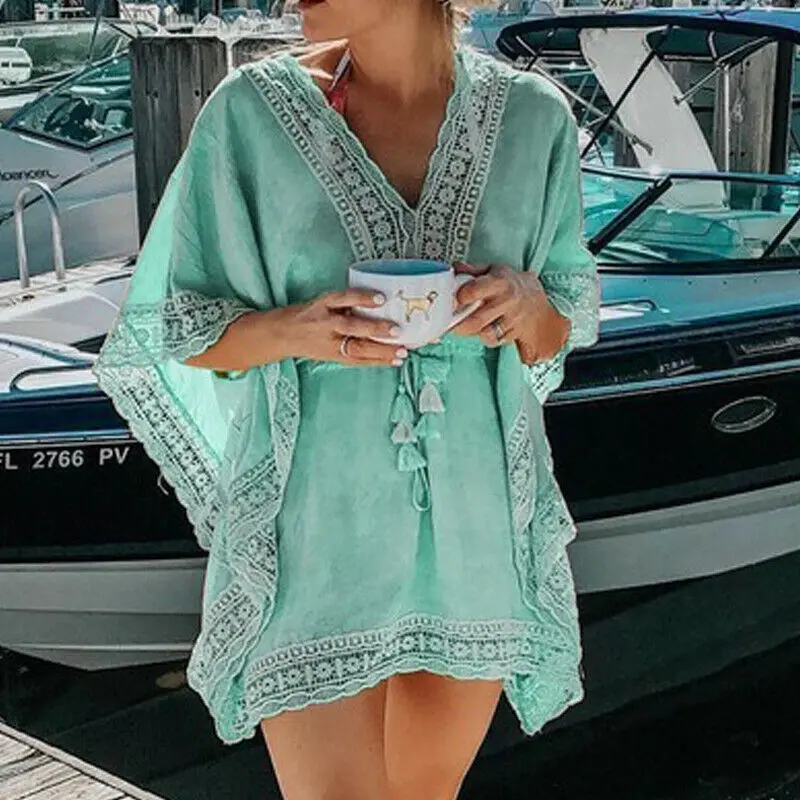 Boho пляжное женское мини-платье с кружевной отделкой эластичным поясом купальный