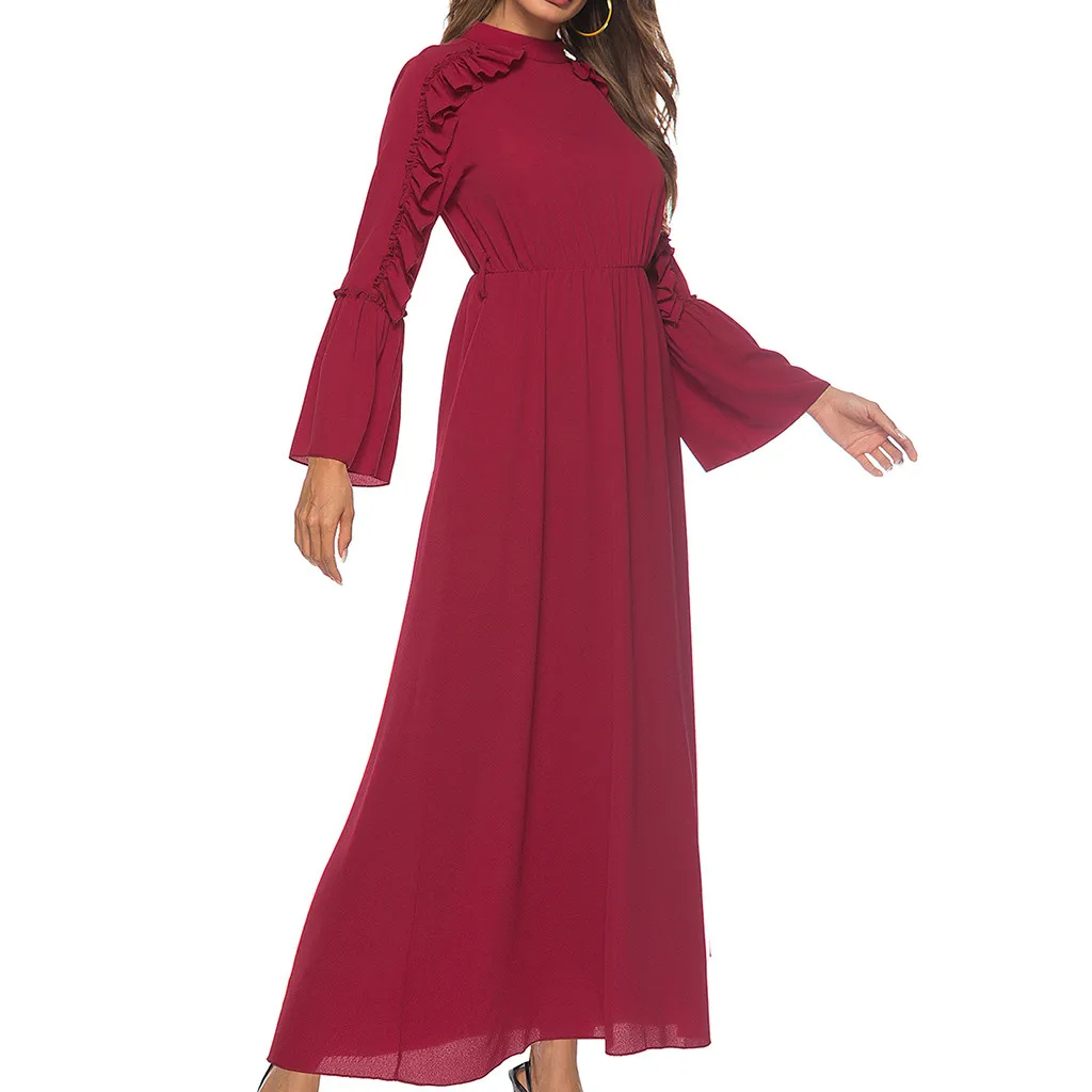 women spring 2019 solid red dress sash peplum ruffles long sleeve ankle length elegant dresses maxi vestidos 5.4 | Женская одежда
