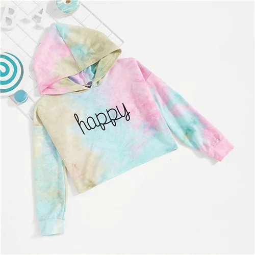 Многоцветный SHEIN/милые толстовки для девочек с надписью «Happy Print Tie Dye», топы для девочек, г. Весенние корейские модные толстовки с длинными рукавами для девочек - Цвет: Многоцветный