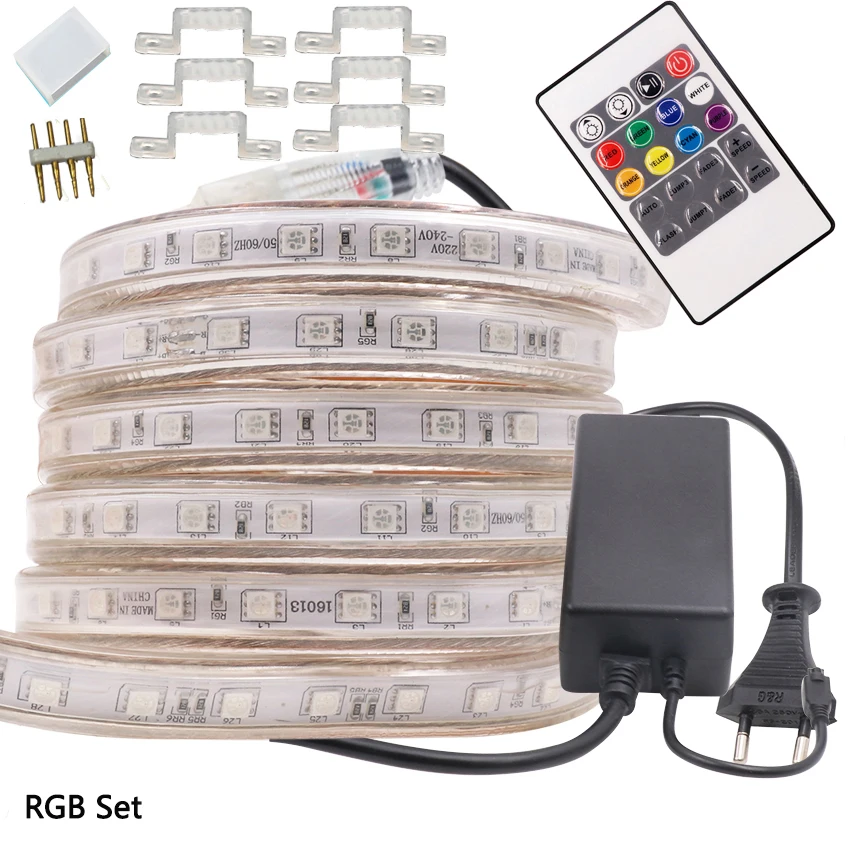 

5050 RGB LED Strip AC 220V 110V 120V Ruban LED IP67 Waterproof Outdoor Tira Flexible Ribbon RGB Neon Flex 1m 3m 5m 10m 15m Kit