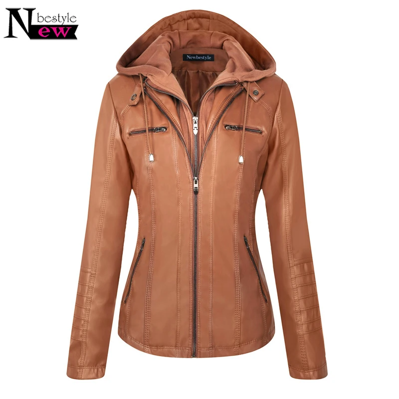

Fashion Hoodie Leather Jacket Women Leather Hooded Jackets Front Pocket Slim Fit Hat Detachable Coat Women Jacket Chaqueta Mujer