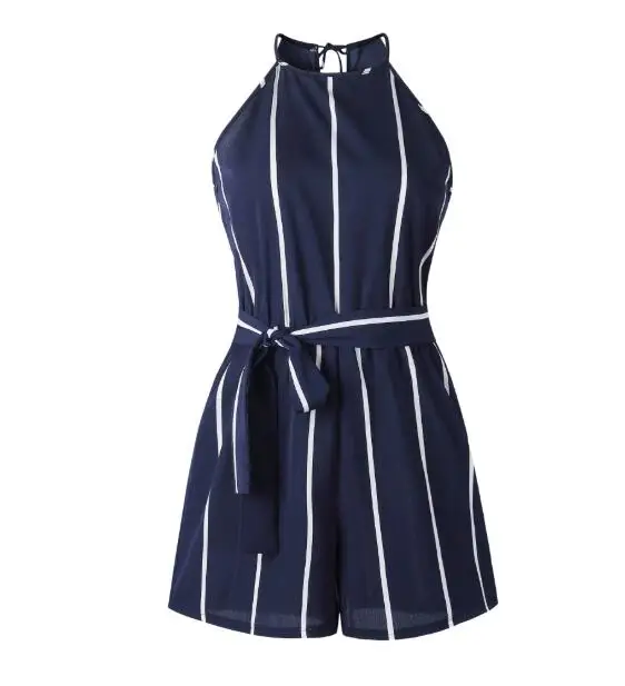 Lace up black white dark blue strip Sleeveless round neck Strappy Short Playsuit Striped Cami Belt woman beach Romper jumpsuit