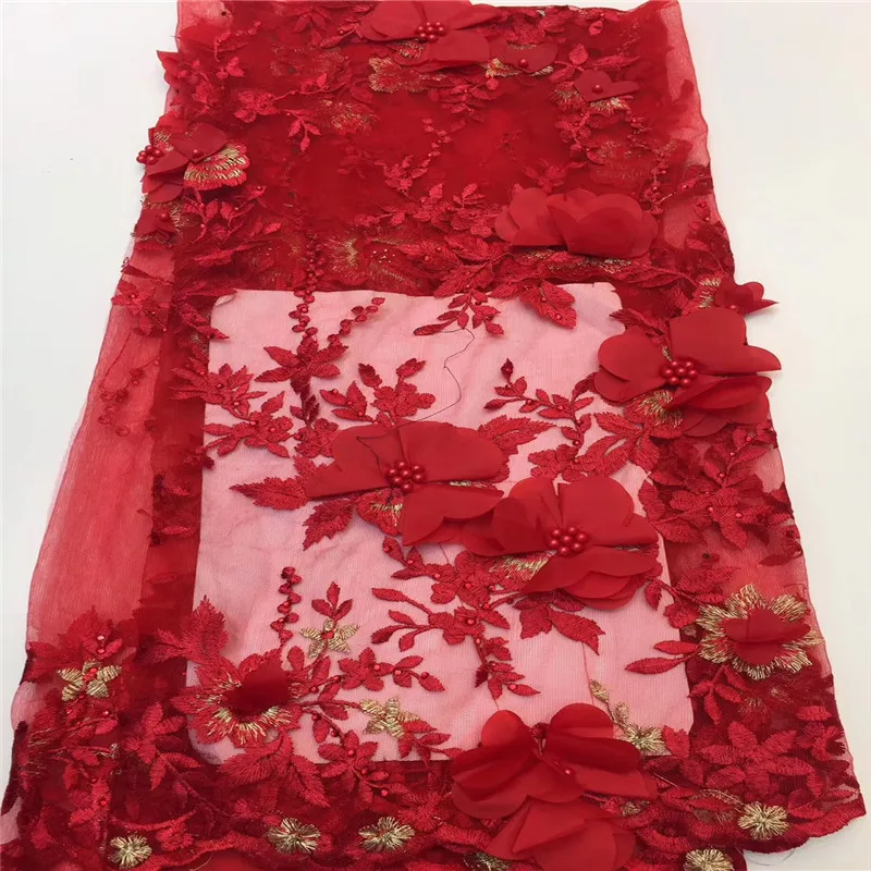 Latest Magenta African Lace Fabric 2019 Popular Beaded Tulle Fabrics 3d Flowers Net for Wedding Party Dress | Дом и сад